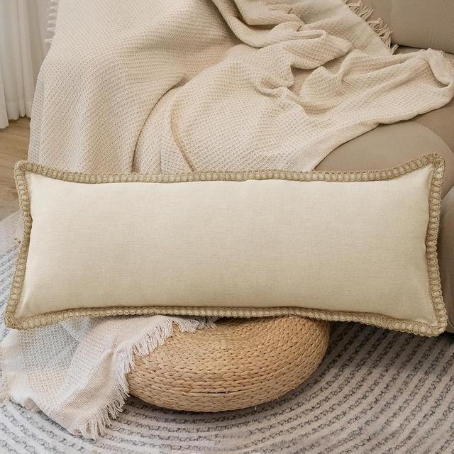 JoraLion Burlap Linen Lumbar Pillow Cover 14 x 36 inch, Trimmed Tailored Edges Cushion Cover Farmhouse Modern Decorative Pillow Case Outdoor Decor, Oatmeal Beige, Pack of 1 (Cover Only)