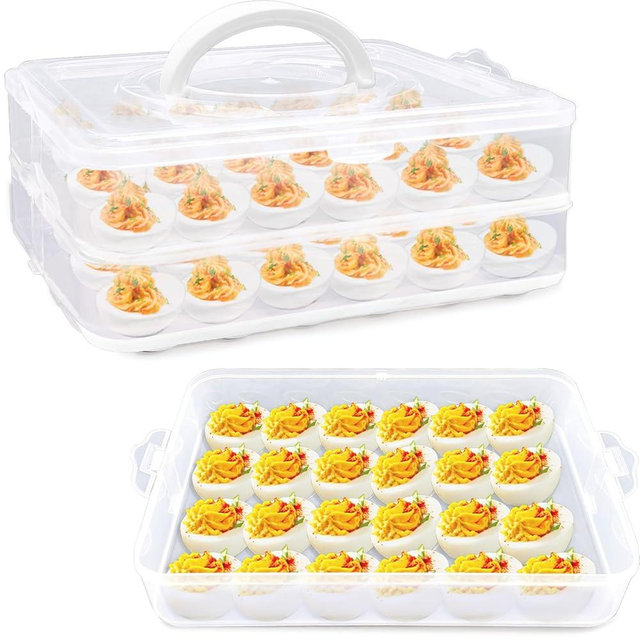 Cmaqpw 2 Layers Deviled Egg Containers with Lid,48 Slots Deviled Eggs Holder with Handle,Plastic Egg Tray,Portable Egg Storage Carrier Platter for Easter,Thanksgiving Day,Party,Picnic