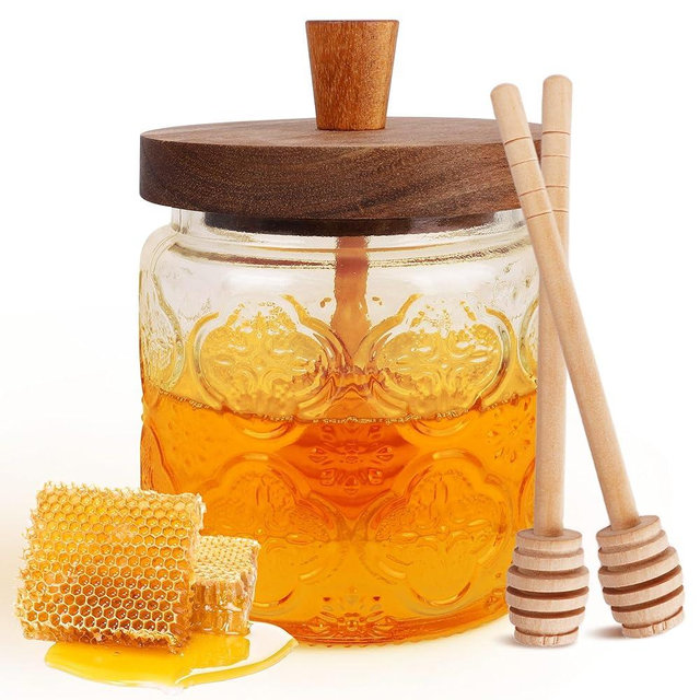 Loscarol Honey Pot with Dipper and Lid - 18oz Vintage Glass Honey Jar with Wooden Honey Dippers Stick Set, Wide Mouth Storage Honey Containers - Airtight Syrup Dispenser Cute Decorative Jars