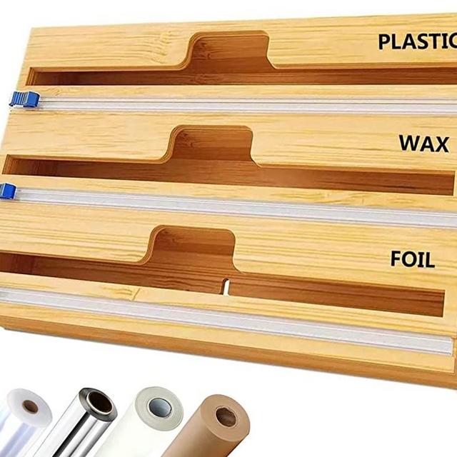 3-in-1 Bamboo Plastic Wrap Dispenser with Slide Cutter and Labels Aluminum Foil Cling Film Wax Paper & Parchment Paper Dispenser for Kitchen Drawer with Roll Organizer Holder