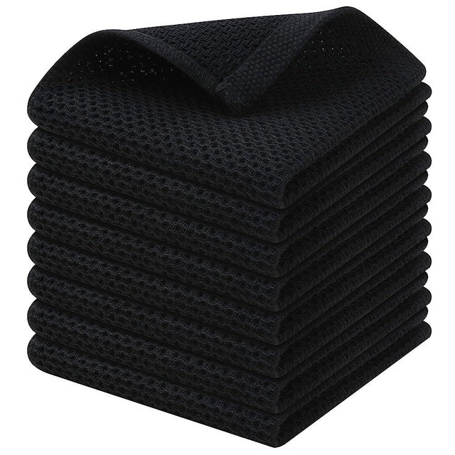 Kitinjoy 100% Cotton Kitchen Dish Cloths, 8 Pack Waffle Weave Ultra Soft Absorbent Dish Towels for Drying Dishes Quick Drying Kitchen Towels Dish Rags, 12 X 12Inch, Black