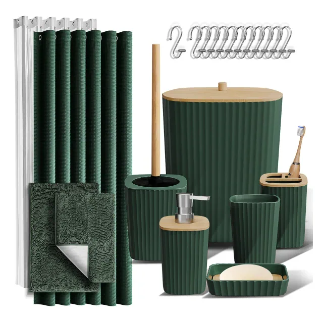 Hearth & Harbor Bathroom Accessories Set - 22PC Green Bathroom Set with Shower Curtain and Rugs