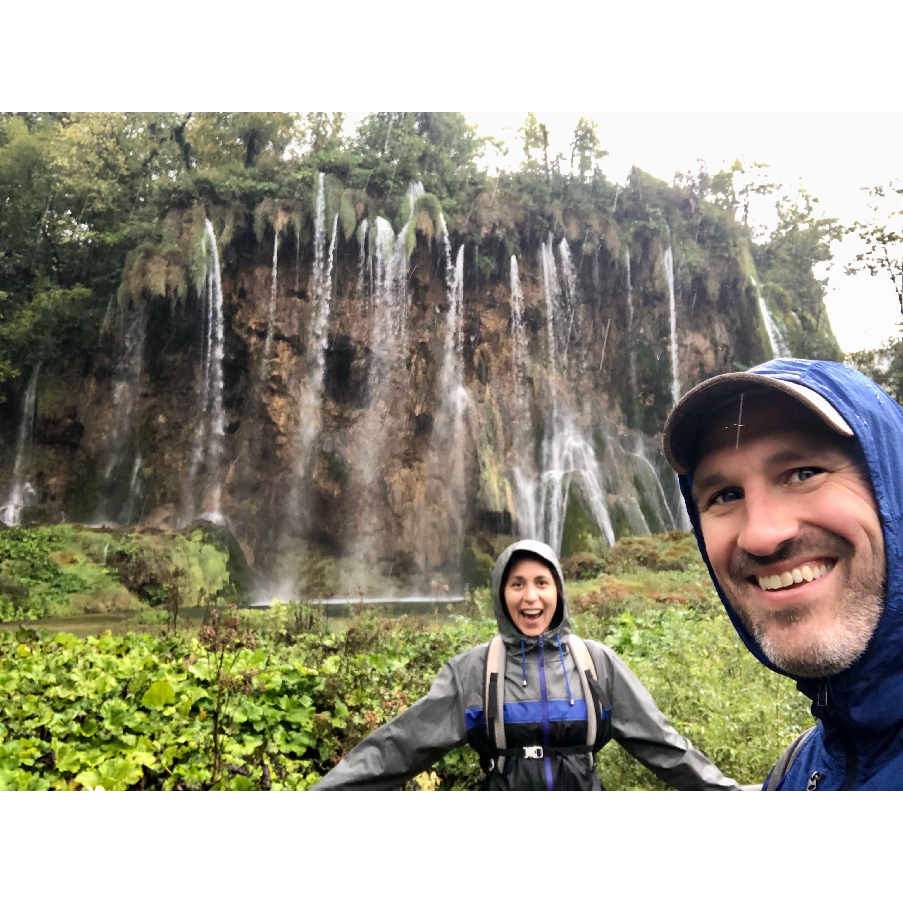 Very wet but very happy at the Plitvice Lakes National Park in Croatia