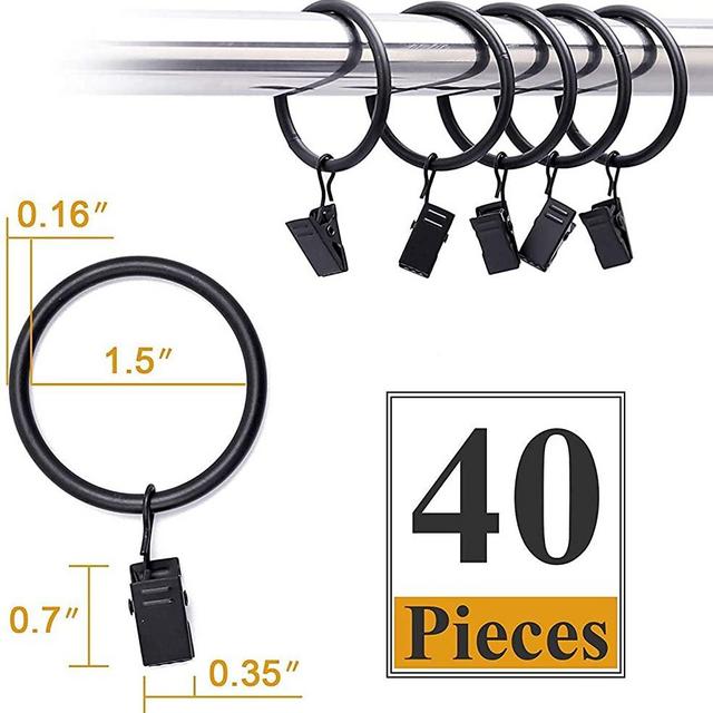 40Pcs Curtain Rings with Clips 1.5 inch Inner Diameter Metal Curtain Drape Eyelet Rings (Black)