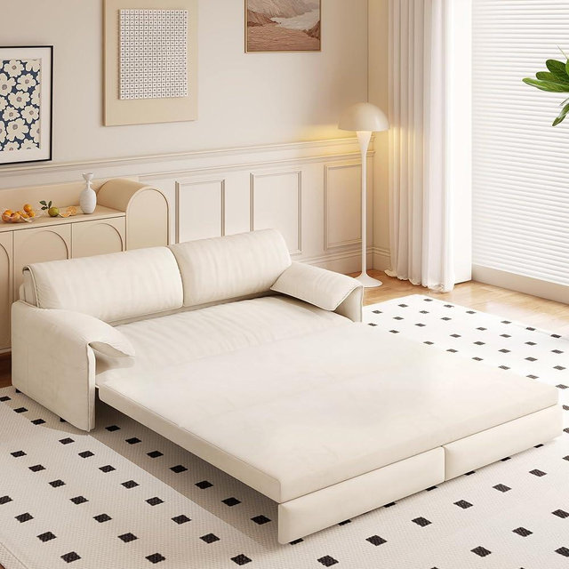 Tmsan 66" Queen Size Sofa Bed, 3 in 1 Convertible Pull Out Sleeper Sofa with Side Storage, Velvet Loveseat Couch for Home Living Room, Bedroom, Apartment, Lounge, Small Spaces, Beige