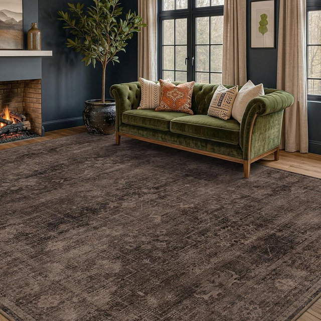 Farmhouse 8x10 Dark Taupe Brown Area Rugs for Living Room, Modern Boho Vintage Rug for Bedroom, Dining Room with Distressed Geometric Design, Washable Stain Resistant Low Pile Non-Slip Ultra Soft