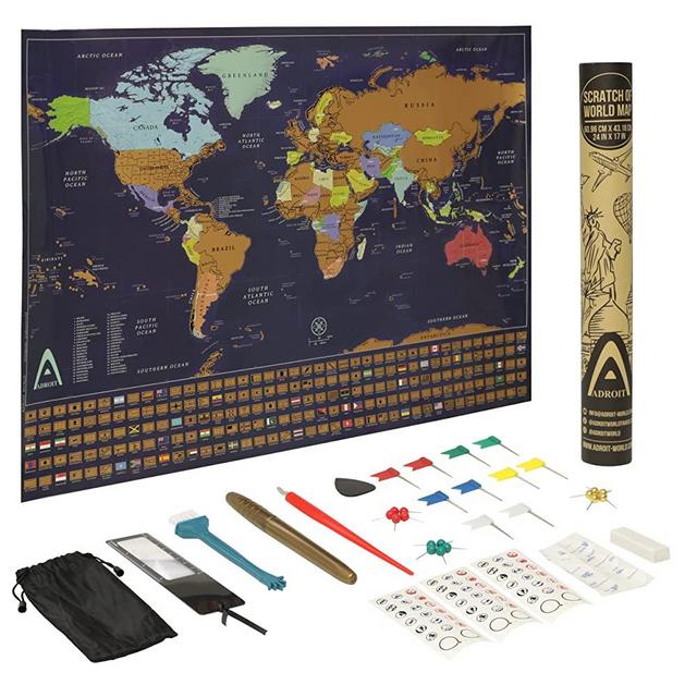 Adroit World Scratch Map of World - Large 24" x 17" Elegent Scratch Off World Map Poster for Travellers, With US States and Canada Provinces, Complete Accessories Set and all Country Flags - Perfect World Map Wall Art