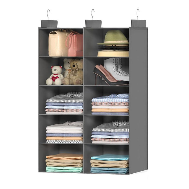 ALLTIDYUP 5 Shelves Hanging Closet Organizer – Foldable Dual-Row Hanging Clothes Storage with 3 Hooks, Space-Saving Closet Organizer and Storage for Sweater and Hats, Ideal for Dorms and Bedroom, Grey