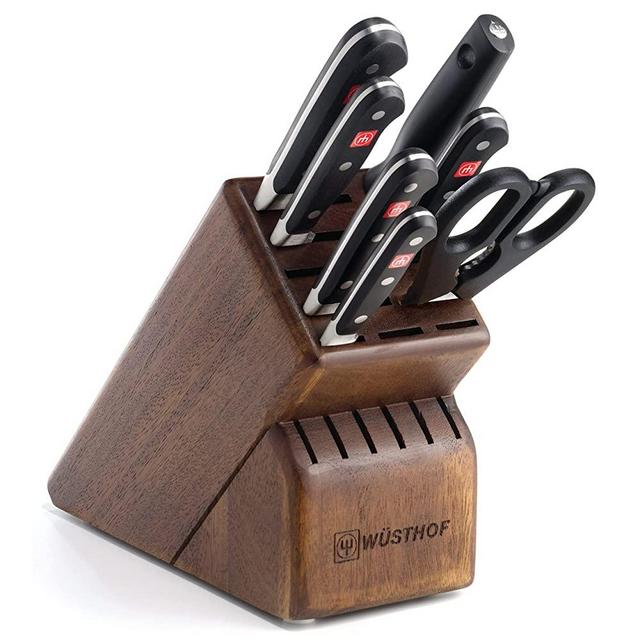 WÜSTHOF Classic Eight Piece Deluxe Walnut Block Set | 8-Piece German Knife Set | Precision Forged High Carbon Stainless Steel Kitchen Knife Set with 15 Slot Walnut Block – Model 8408-3
