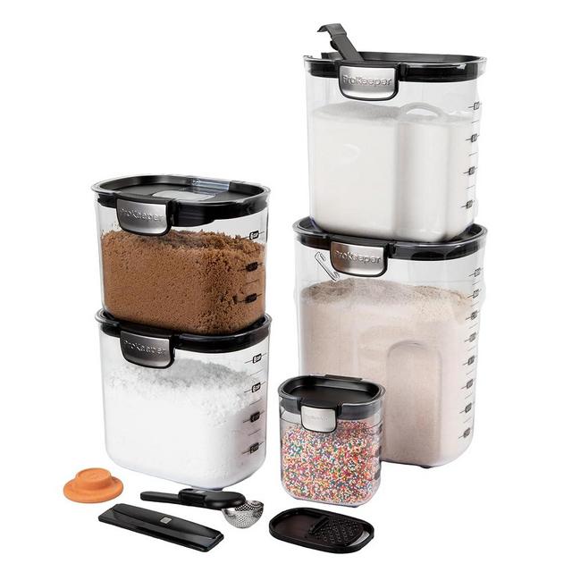Progressive International ProKeeper+ 9 Piece Clear Plastic Airtight Food Flour and Sugar Baker's Kitchen Storage Organization Container Canister Set with Magnetic Accessories (Black, 9-Piece)