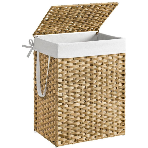 SONGMICS Laundry Hamper with Lid, 23.8 Gallon (90 L) Synthetic Rattan Clothes Laundry Basket with Lid and Handles, Foldable, Removable Liner, Goose Yellow ULCB51NL
