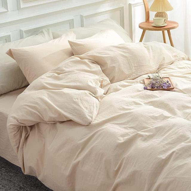 NEXHOME PRO Duvet Cover Set Queen Size Linen Feel Textured Organic Natural 100% Washed Cotton Duvet Cover Begie Cream 3 Pieces Bedding Set with Zipper Closure, Breathable, Soft (No Comforter)