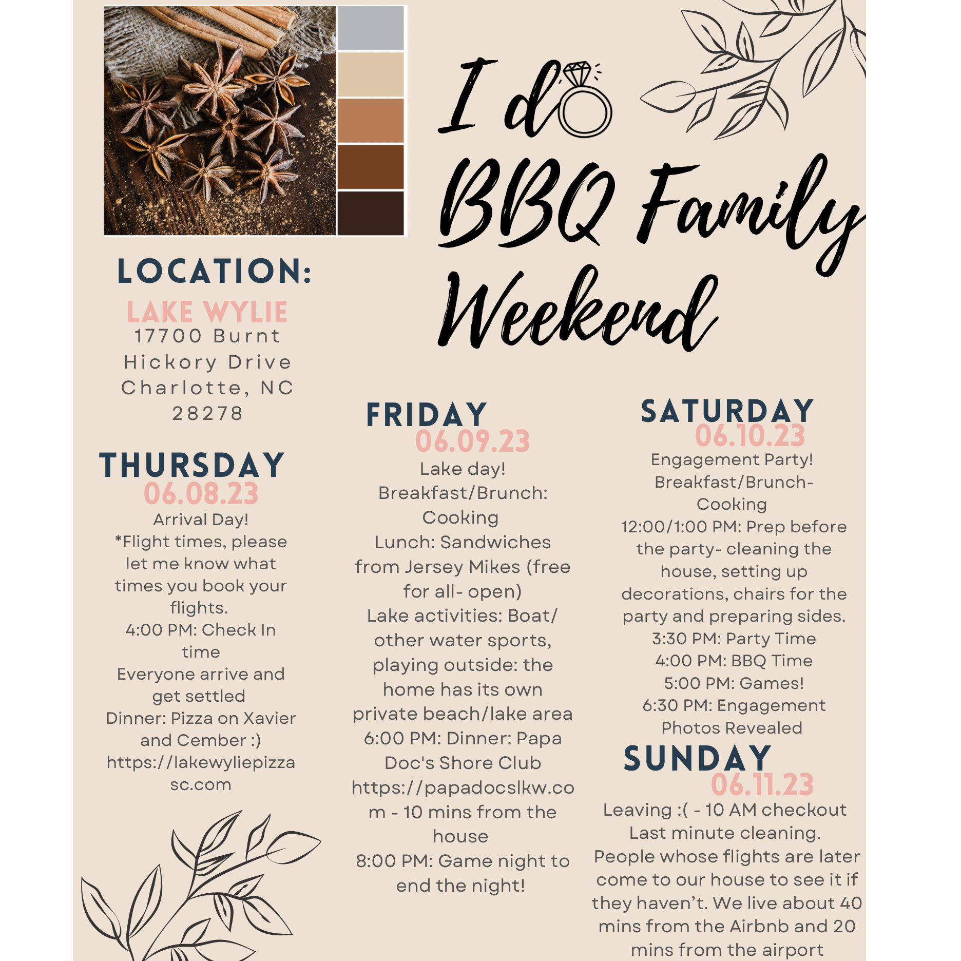 The itinerary for our I do BBQ Engagement Party Weekend!