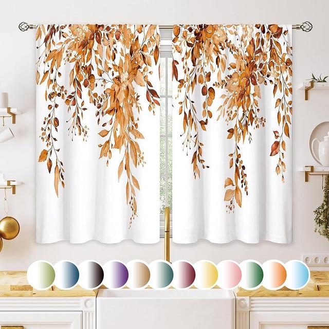 oolygoo Orange Eucalyptus Botanical Leaves Floral Kitchen Window Curtains Over Sink Farmhouse Flower Fall Small Window Treatment Cafe Short Curtains for Bathroom Treatment Tier Drapes 27.5x39 inch