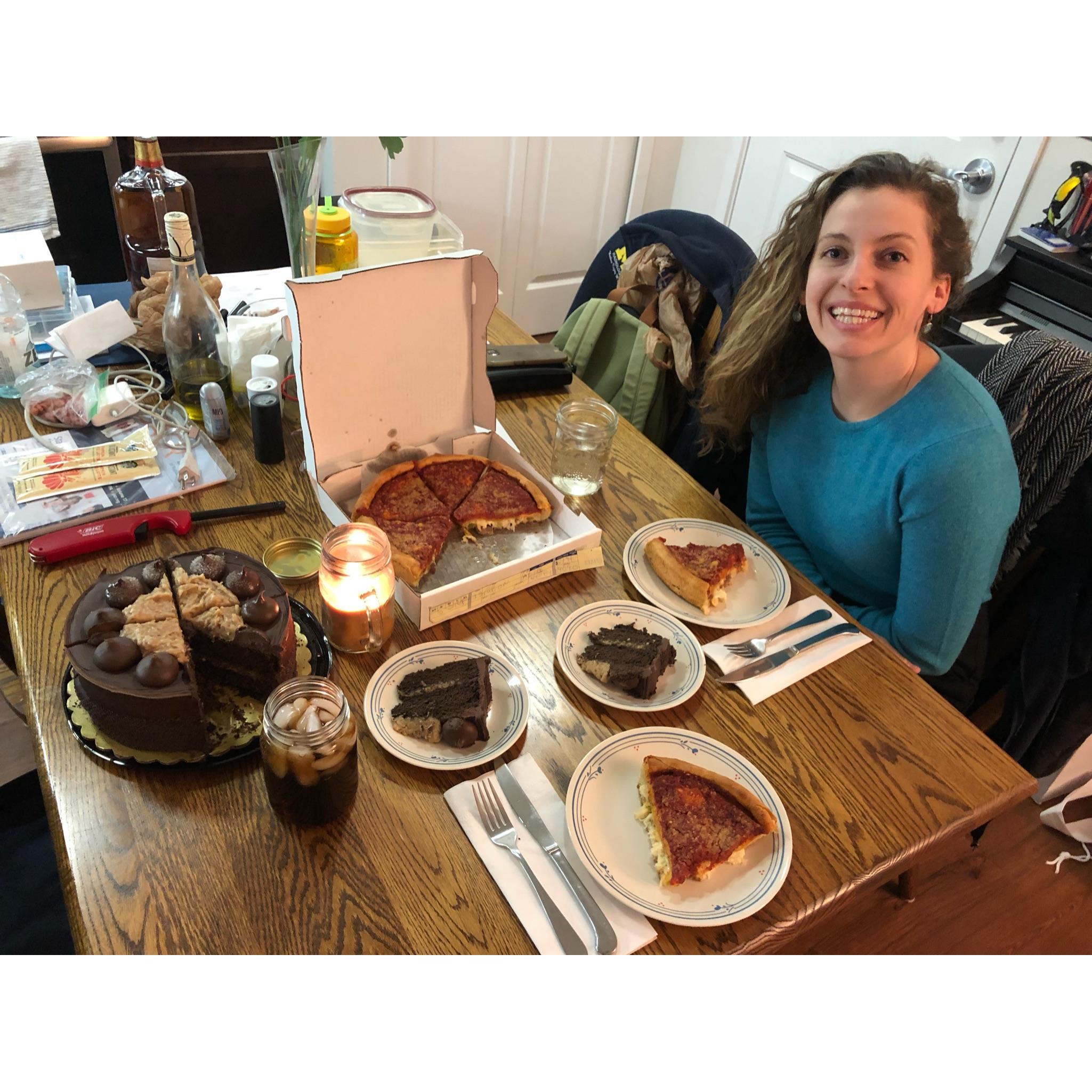 Year 4 - Makeshift Valentine's day dinners while both in residency, Walmart cake and local Pizza place (don't forget the romantic candle).