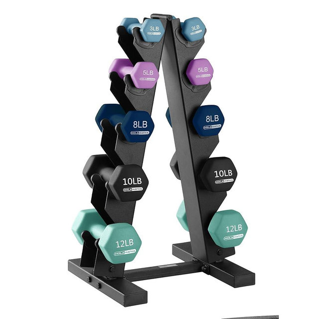 HolaHatha 2, 3, 5, 8, and 10 Pound Neoprene Dumbbell Free Hand Weight Set with Rack, Ideal for Home Exercises to Gain Tone and Definition, Pastel