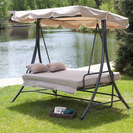 Coral Coast Lazy Caye 3 Person All-Weather Swing Bed with Toss Pillows - Cappuccino