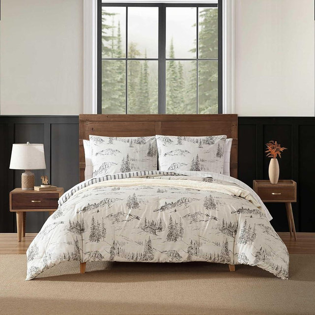 Eddie Bauer - Full/Queen Comforter Set, Reversible Bedding with Matching Sham(s), Super Soft and Cozy Home Decor (Rocky Mountain Cabin Grey, Queen)
