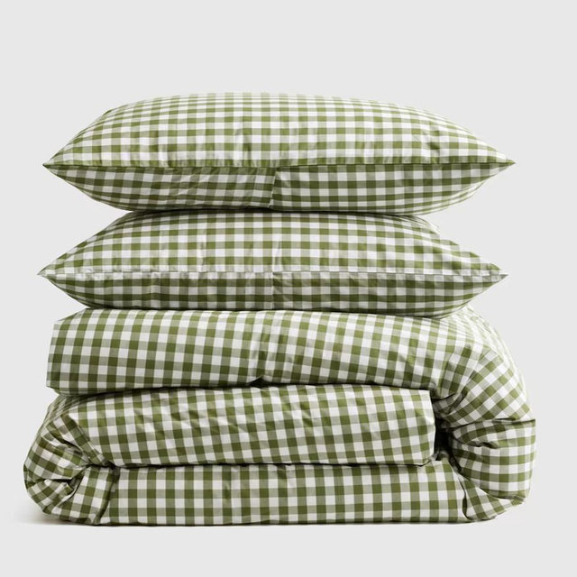 Organic Crisp Percale Duvet Cover Set Green Gingham - Full/Queen