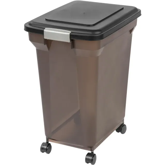 IRIS USA 42 Lbs / 55 Qt WeatherPro Airtight Pet Food Storage Container with Attachable Casters, Smoke/Black