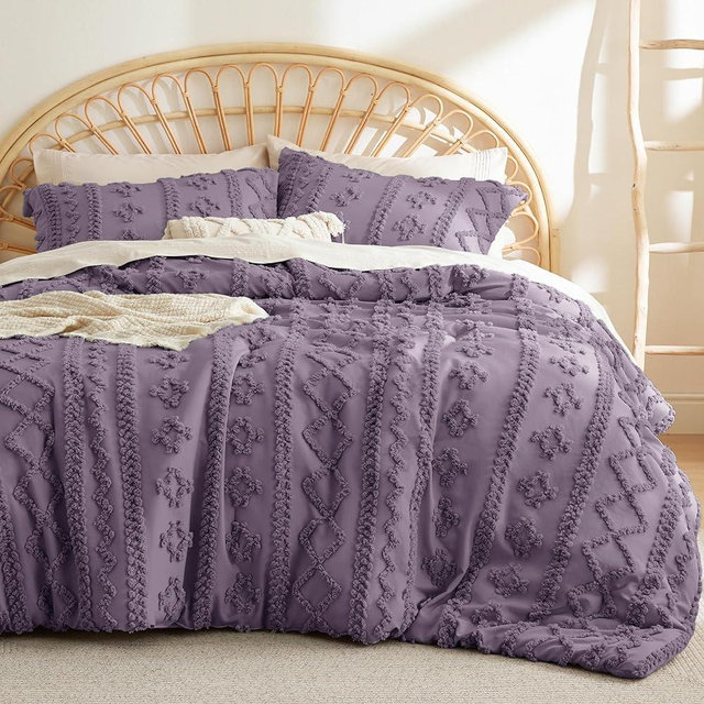 Bedsure Tufted Boho Comforter Set King - Grayish Purple Boho Bedding Comforter Set, 3 Pieces Farmhouse Shabby Chic Embroidery Bed Set, Soft Jacquard Comforter for All Seasons