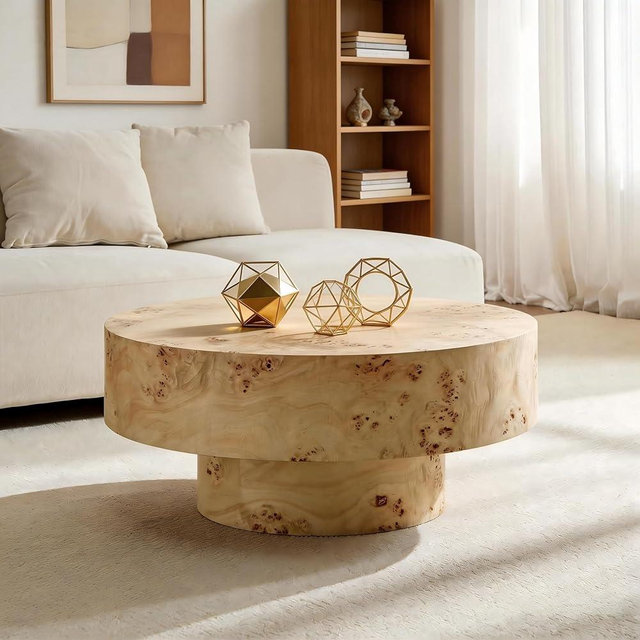 Coffee Table Round Wood 31.49" W X 13.77''h for Living Room Small Short Modern Coffee Tables Natural Burl Circle Drum Tea Center Cocktail Fluted Handcraft Home Furniture for Apartment Easy Assembly