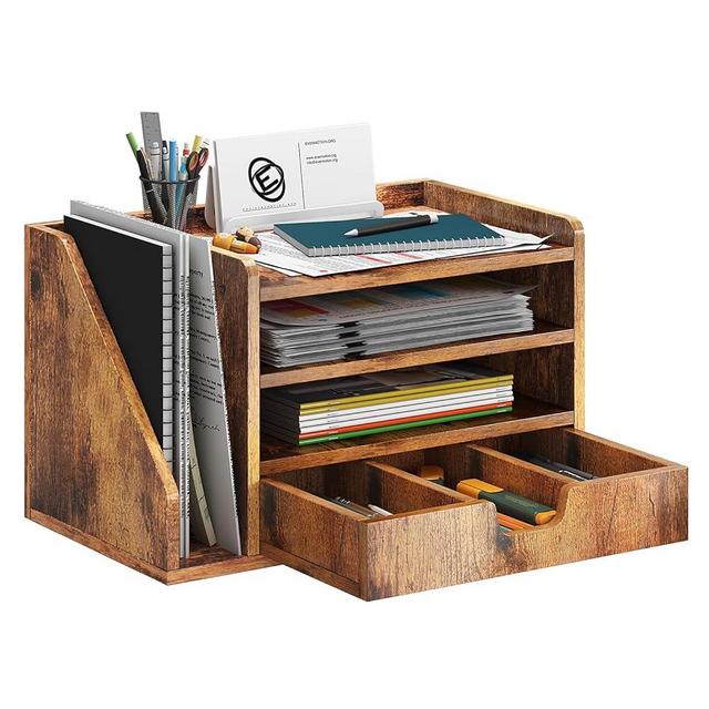 NiOffice Multi-Tier Wood Desk File Organizer with Side File Rack, 3 Tray Shelves and Adjustable Drawer, Space-Efficient Design Easy to Assemble for Efficient Office Setup, Reduces Desk Clutter (Brown)