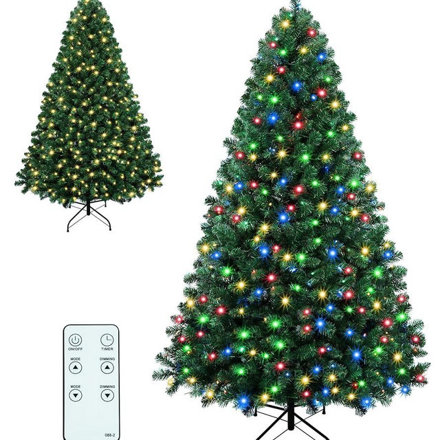 facdiwok 6.5ft Pre-Lit Christmas Tree, 330 LED Warm White & Multicolour Lights, 920 PVC Branch Tips, Remote Control, 10 Lighting Modes, Foldable Metal Stand, Holiday Decor