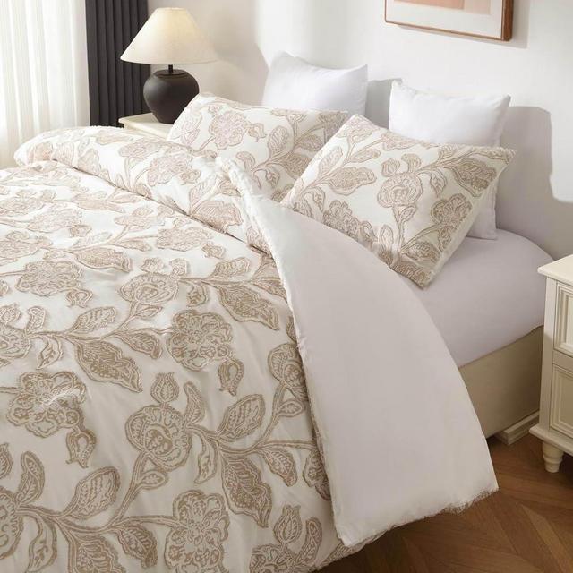 Duvetex 100% Floral Cotton Duvet Cover King Size Bedding Set, Soft Textured Comfy Breathable Jacquard Comforter Duvet Cover with 2 Pillow Shams, Button Closure&Corner Ties, Taupe Color