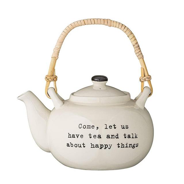Bloomingville Stoneware Pot, Come, Let Us Have Tea and Talk About Happy Things with Bamboo Handle, 32 Ounce, Cream