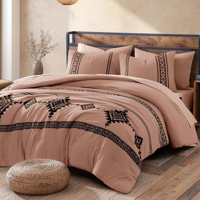 MaiRêve Embroidery Comforter Set, Boho Farmhouse Western Bedding Set, All Season Bed in A Bag Comforter Set with Sheets, Pillowcases & Shams, Dusty Pink King 7 Pieces