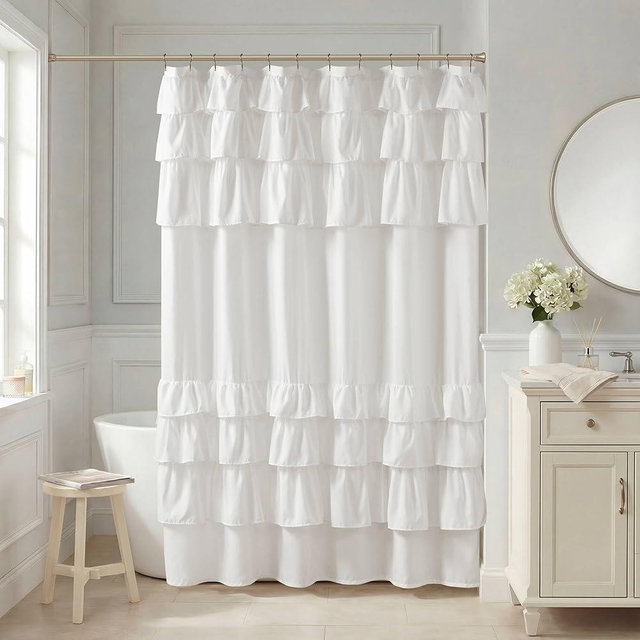 Madison Park Grace Ruffle Shower Curtain, Shabby Chic Ruffled Design, Farmhouse Cottage Bathroom Decor, Machine Washable, Fabric Privacy Screen Long 72x84, White