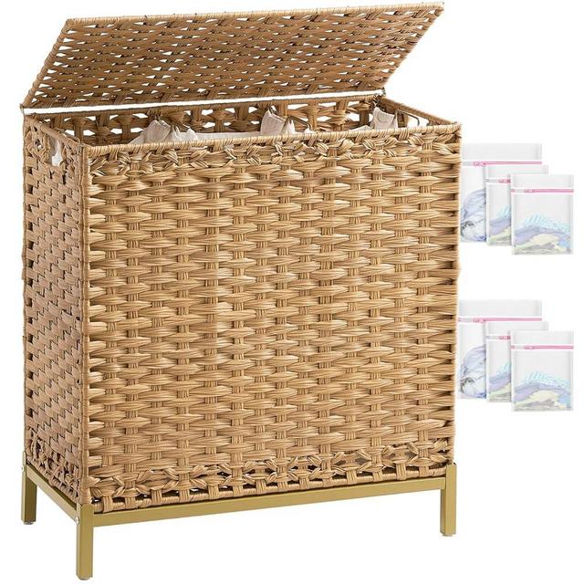 SETVSON Laundry Hamper with Lid 132 L, (35 Gallons) Clothes Hamper with Lid, Handwoven Rattan Laundry Hamper with Metal Heightened Feet, Laundry Hampers with 3 Removable Liner Bags for Laundry-Natural