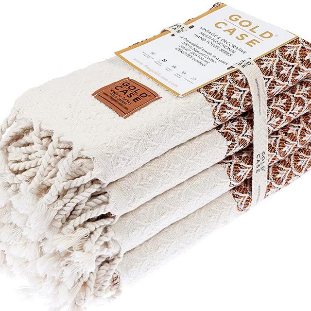 GOLD CASE Helen Original Turkish Hand Towels Set of 4 - 20x40 100% Cotton Decorative Towel - Bathroom and Kitchen Peshtemal for Hand, Face, Hair, SPA, Yoga, Gym, Tea and Dishcloth, Orange