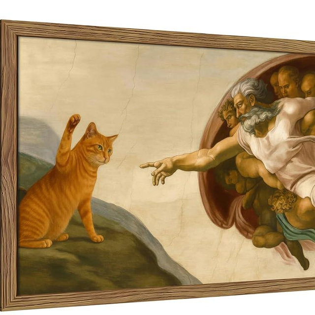 Framed Vintage Cat Canvas Wall Art, Funny Orange Cat Parody Classic Masterpiece Prints, Renaissance-Inspired Animal Artwork, Humorous Wall Decor for Living Room Bedroom Playroom – 16x24 inch