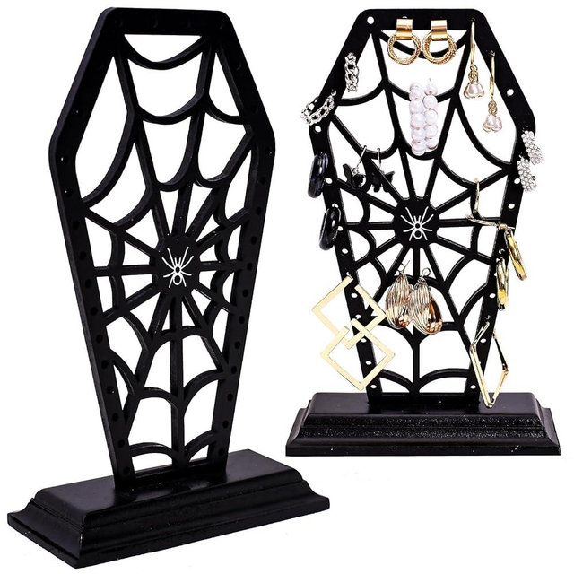 BULICADO Coffin Spiderweb Earring Holer - Halloween Decor for Bathroom and Bedroom - Gothic Wooden Makeup Organizer for Girls - Goth Accessories for Vanity - Witchy Gifts for Women