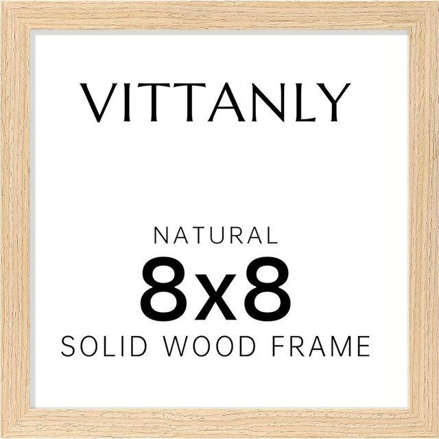Vittanly 8x8 Picture Frame - Solid Natural Wood Frame with Shatterproof Plexiglass, Includes 4x4 Mat, Wall Hanging or Tabletop Display for Photos, Art, Home & Office Decor (1 Pack)