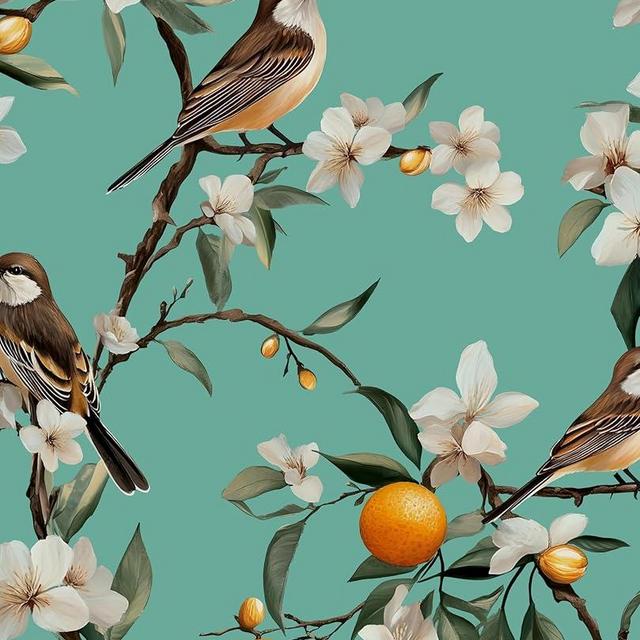 Teal White Bird Floral Wallpaper Peel and Stick, Fresh Orange Tree Contact Paper, Self Adhesive Removable Retro Flower Wall Mural Wall Paper for Room Walls Shelves Cabinet Table Decor 17.5" x 118"