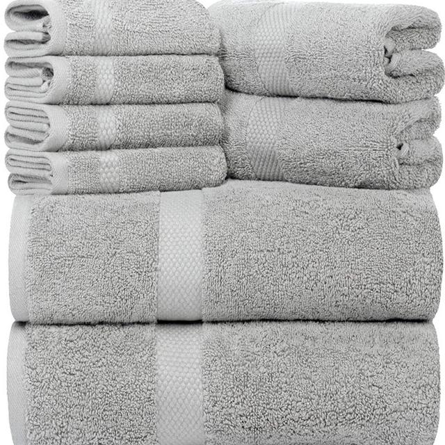 Luxury 8 Piece Bath Towel Set White - 700 GSM Combed Cotton Hotel Towels - 2 Bath, 2 Hand, 4 Washcloths (Silver, 8)