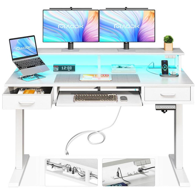 AODK Electric Standing Desk with Drawers & Keyboard Tray, 47 Inch Height Adjustable Small Desk with Power Outlets & LED Lights, Sit Stand Table with Monitor Stand for Home, Office, White