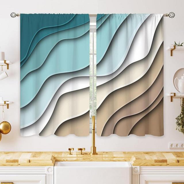 oolygoo Teal Aqua Blue Ocean Small Kitchen Curtains Sea Window Treatment Wave Turquoise Geometric Cafe Short Window Curtains for Bathroom Dining Room Abstract Beach Tier Treatment Drapes 27.5x39 inch