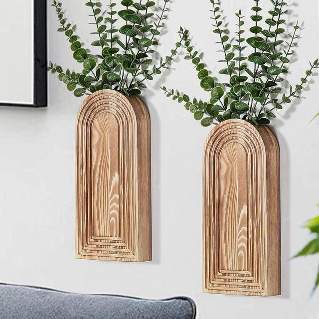 Dnnnii 2 Pack Modern Wall Wood Vase-Entryway Decor, Wood Wall Art, Hallway Decor-Modern Farmhouse & Boho Bathroom Wall Decor-Perfect for Dining Room, Living Room, or Any Narrow Wall Space（Brown）