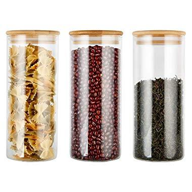 COPDREL Glass Food Storage Jars Containers with Airtight Bamboo Lids Set of 3 Kitchen Glass Canisters For Coffee, Flour, Sugar, Candy, Cookie, Spice and More,32.5 OZ (950 ML)