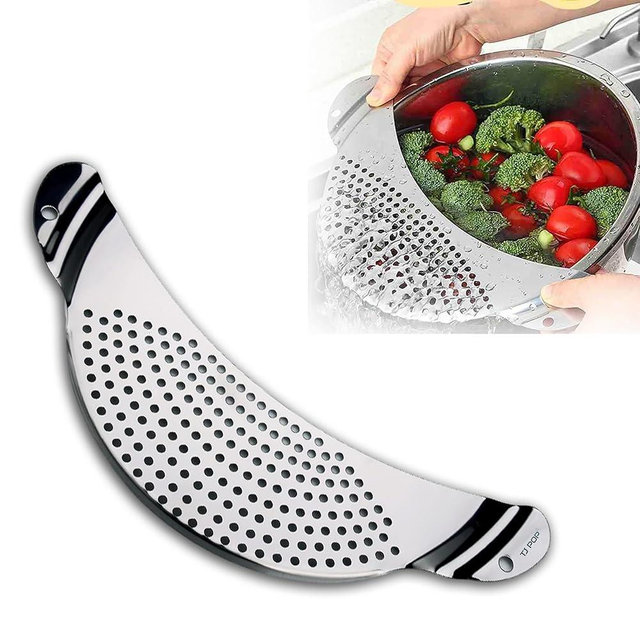 TJ POP Pot Strainer Stainless Steel, Pasta Strainer, Premium Metal Food Strainer for Noodles Fruit Veggies, Suitable for Pots or Containers Up to 10 Inches