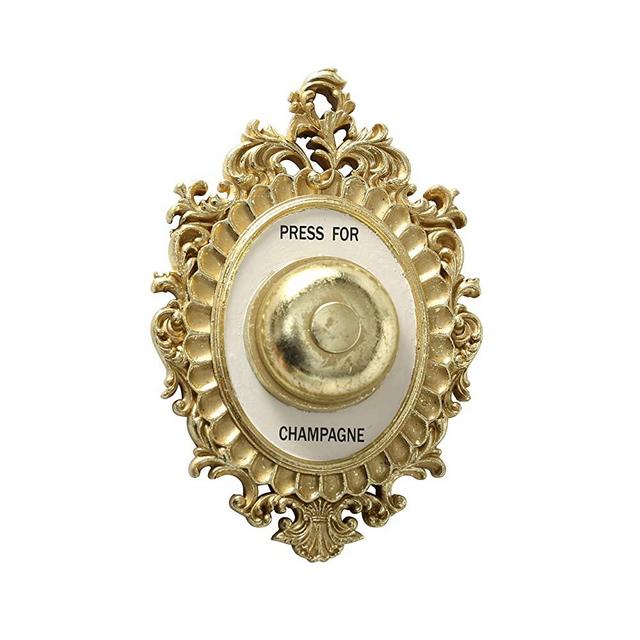 WHW Whole House Worlds Grand Hotel Decorative Door Bell, Champagne Theme, Ornamental Plaque, Non-Working Ringer, 9 Tall x 5.5 Inches Wide, Metallic Gold and White Painted Polyresin