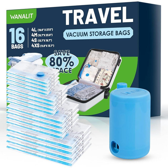 Vacuum Storage Bags for Travel, 16 Pack (4L+4M+4S+4XS) Vacuum Seal Bags with Wireless Rechargeable Electric Pump, Travel Essentials Space Saving Bags for Clothes, Luggage, Carry-on Suitcase, Backpack