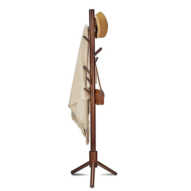 Azaeahom Wooden Coat Rack Stand, Free Standing Coat Rack with 8 Hooks 3 Adjustable Heights for Clothes, Hats, Handbags, Coat Tree Easy Assembly for Entryway, Bedroom, Hallway, Office (New Brown)
