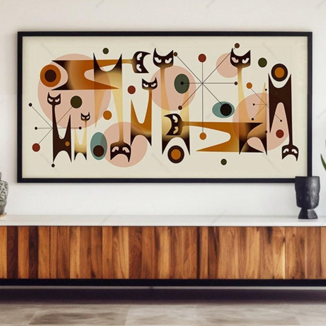 Panoramic Siamese Atomic Cat Art Print | Mid Century Modern Wall Decor | Dark Wood Tones | Fall Trend Panoramic Mid century Cat wall art