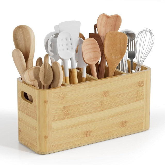 Segtenant Bamboo Utensil Holder for Kitchen Counter, Extra Large Utensil Organizer for Countertop with 4 Compartments, Cooking Utensil Holder for Spatula Kitchen Storage