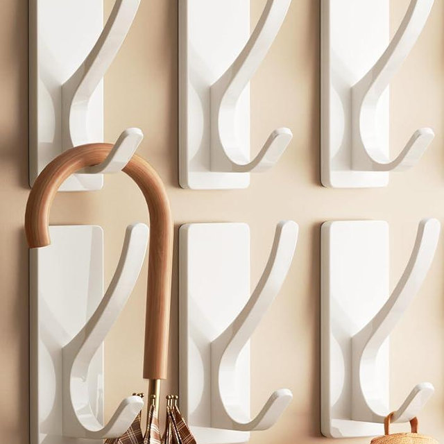 pickpiff Self Adhesive Coat Hooks for Hanging, Heavy Duty Stainless Double Wall Hook for Towel, Backpack, Hat, Sturdy Metal Hanger for Bathroom, Bedroom, Door, Wall Mounted, 6 Pack, White